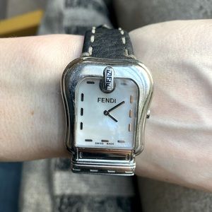 Fendi Buckle Watch Stainless Steel Mother of Pearl Face Brown and Black Bands